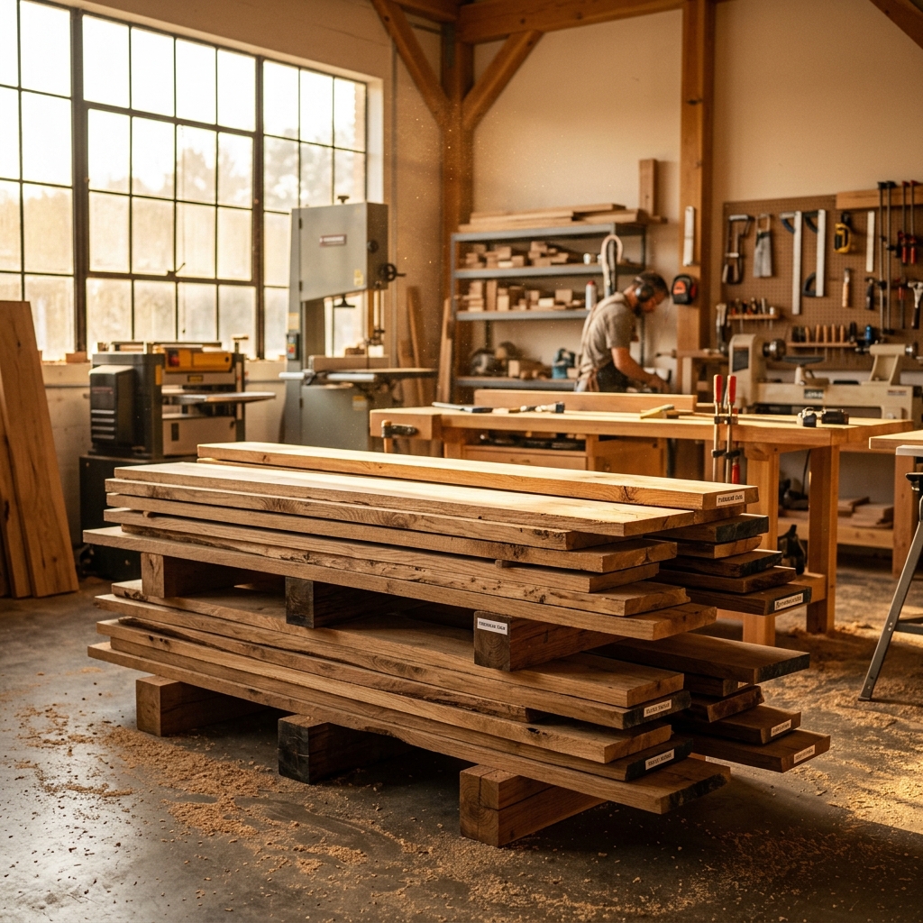 Beautifully stacked premium oak wood planks in a woodworking shop